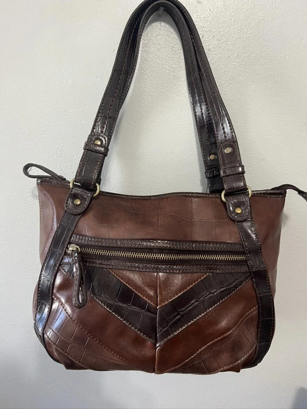 Relic Patchwork Brown Bag - Crocodile Skin Effect Women's Handbag. Vintage Y2K" - Picture 1 of 10